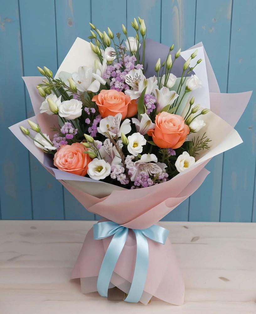 Букет цветов из: Лизиантусы, Розы, Альстромерии и Гипсофила в Новосельцево