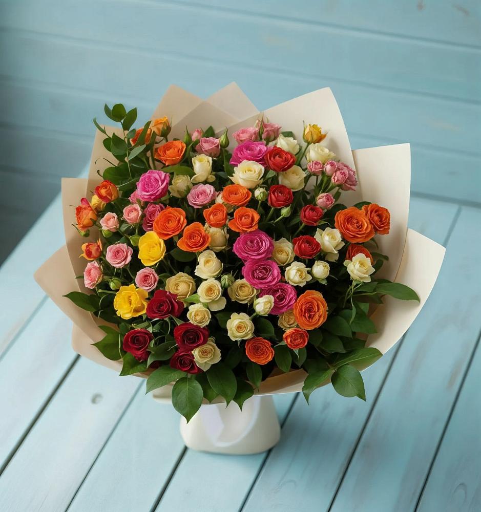 Букет Микс из разноцветных кустовых роз в Новосельцево