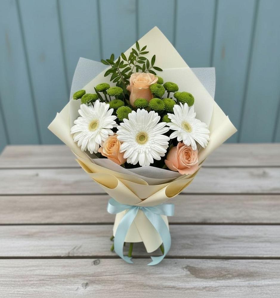 Букет цветов из: Герберы, Розы и Хризантемы в Новосельцево