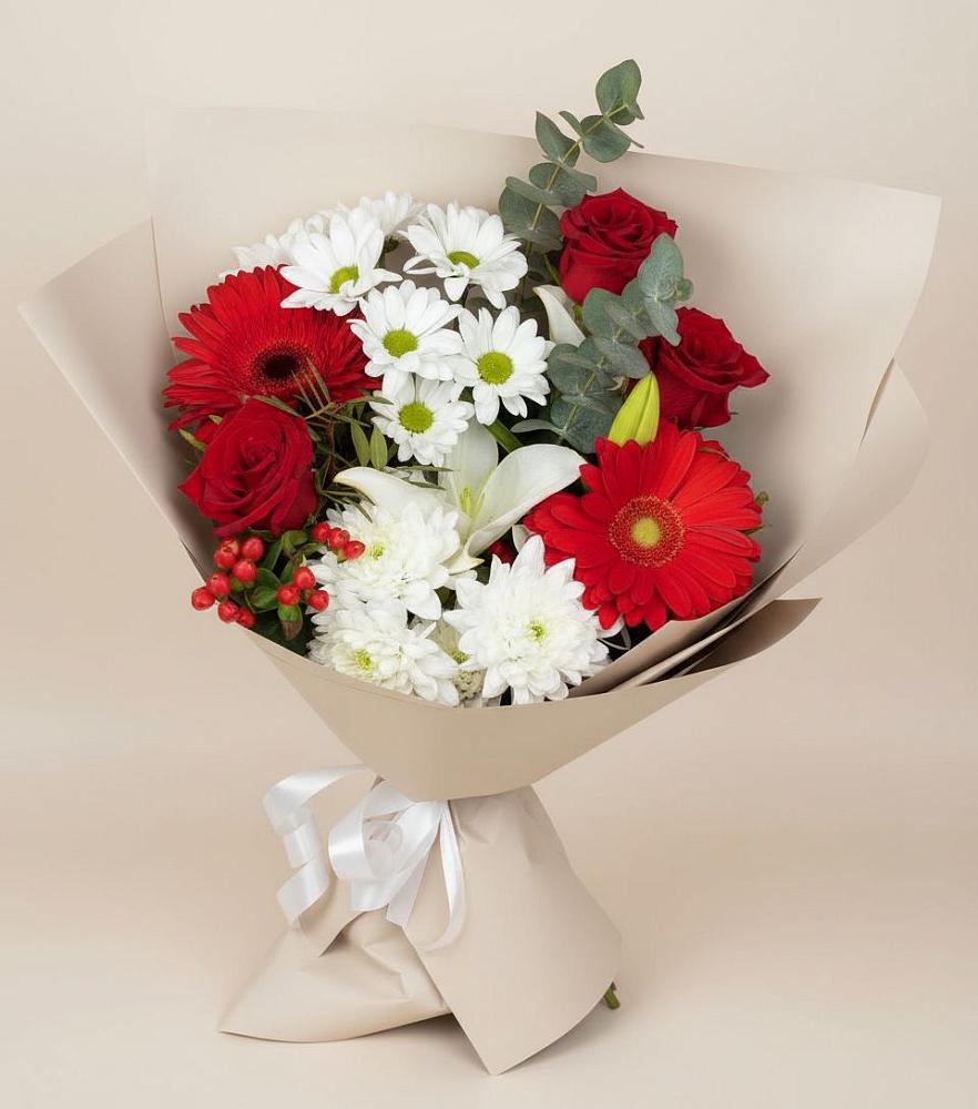 Букет цветов из: Розы, Хризантемы, Герберы и Лилии в Новосельцево