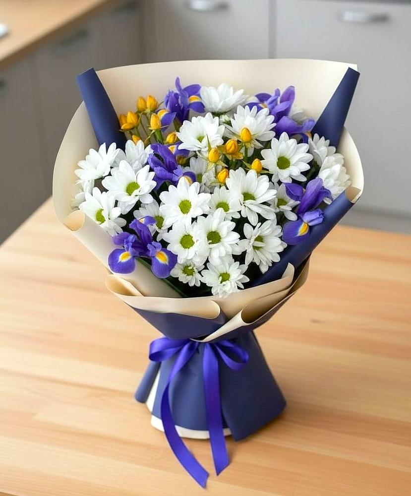 Букет цветов из: Розы, Ирисы и Хризантемы в Новосельцево