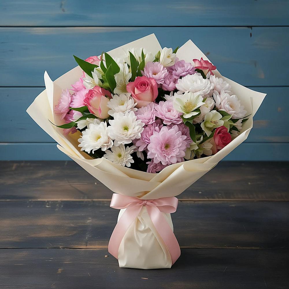 Букет цветов из: Хризантемы, Альстромерии и Розы в Новосельцево